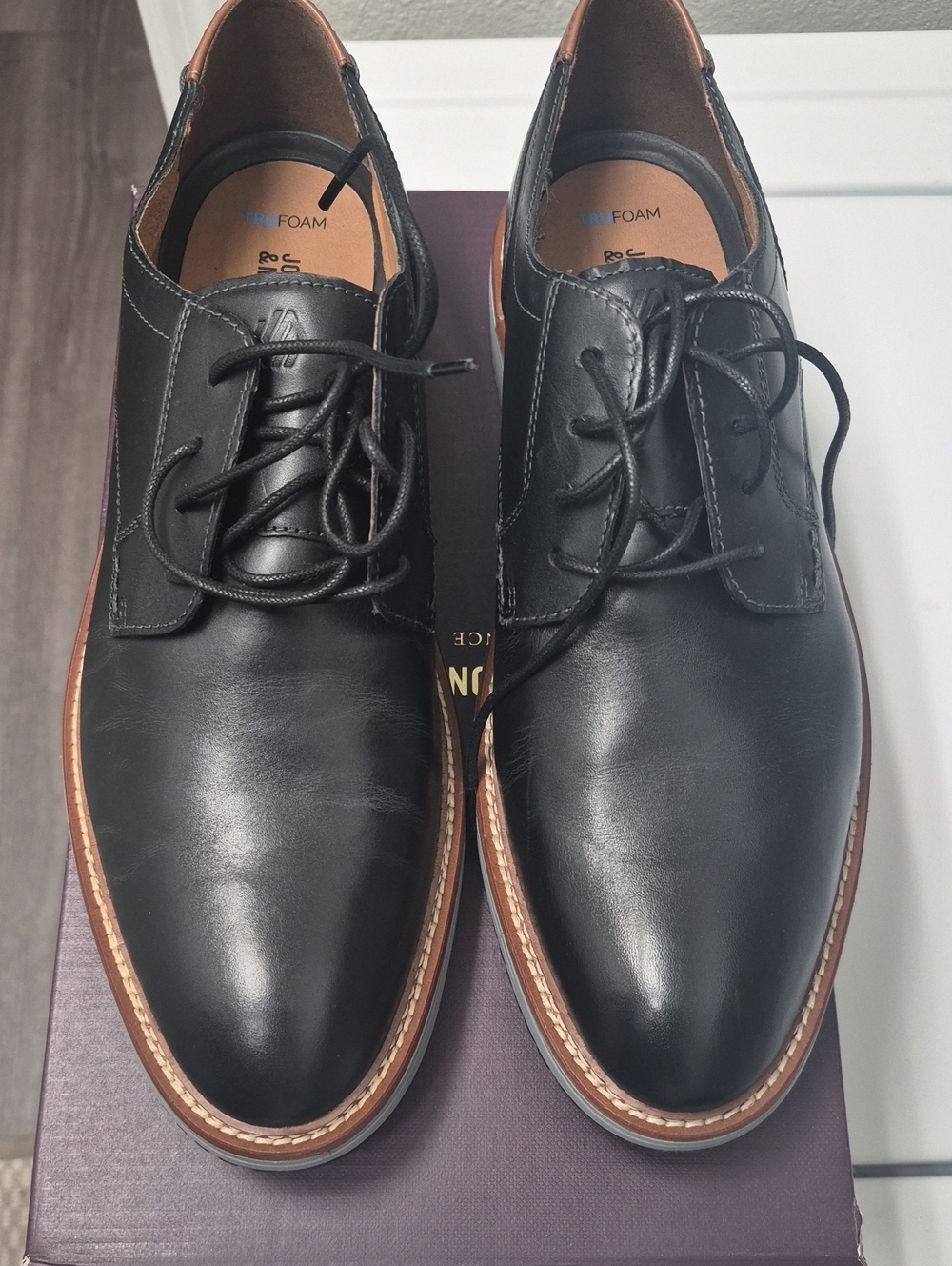 Johnston & Murphy Black Leather Derby Shoes with Brown Welt Trim